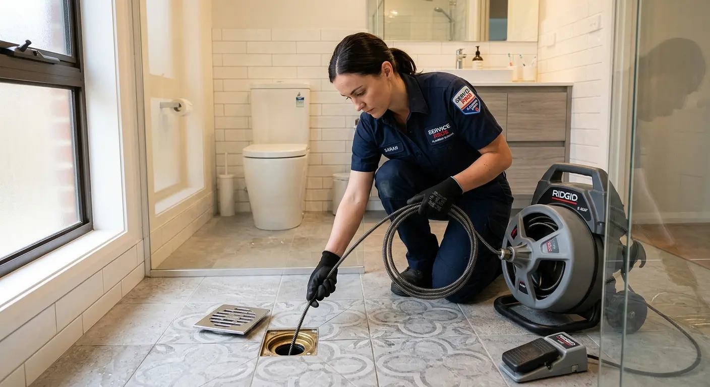 Technician clearing a bathroom floor drain for Sewer Line Replacement in Mashpee